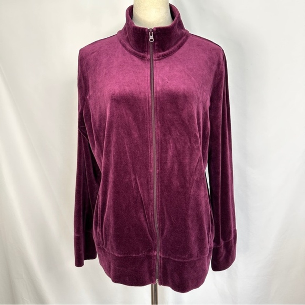 Talbots Burgundy Zip Up Mock Neck Velvet Jacket Front Pockets‎ Womens SzMedium